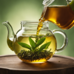 An image showcasing a steaming teapot pouring a vibrant blend of green tea leaves into a glass jar filled with a swirling, honey-colored liquid, capturing the essence of the first tea used to brew Kombucha