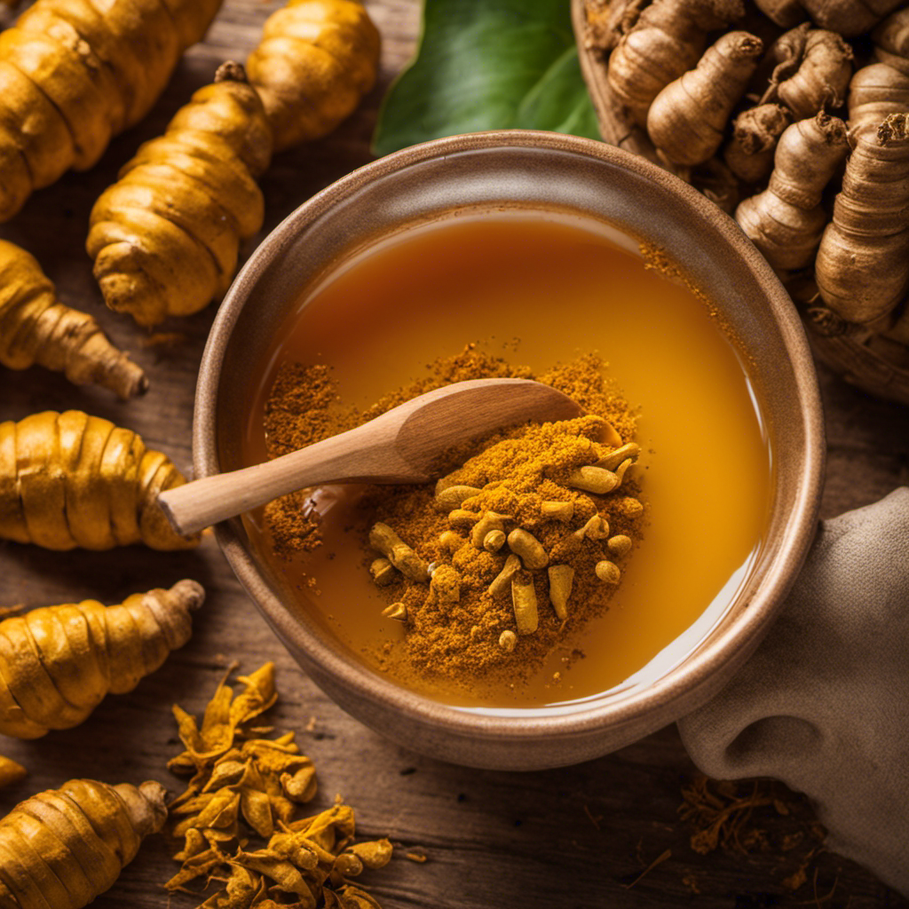 An image that showcases a serene scene of a person holding a steaming cup of vibrant golden turmeric tea, surrounded by piles of freshly harvested turmeric roots, highlighting the potential health benefits and invigorating properties of this herbal beverage