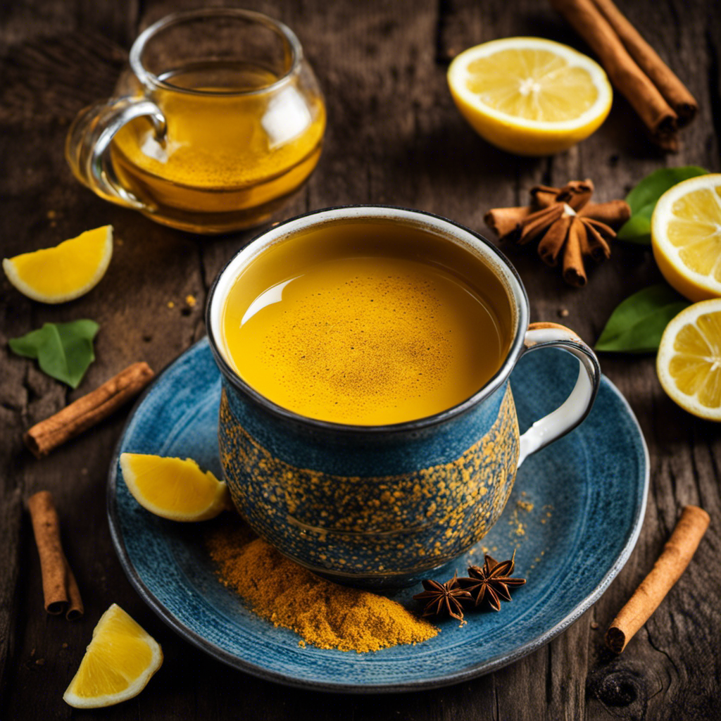 An image showcasing a steaming mug of vibrant yellow turmeric tea, delicately spiced with hints of cinnamon and ginger