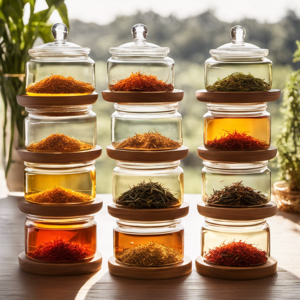 An image showcasing airtight glass jars, neatly lined on a wooden shelf, filled with vibrant loose rooibos tea leaves