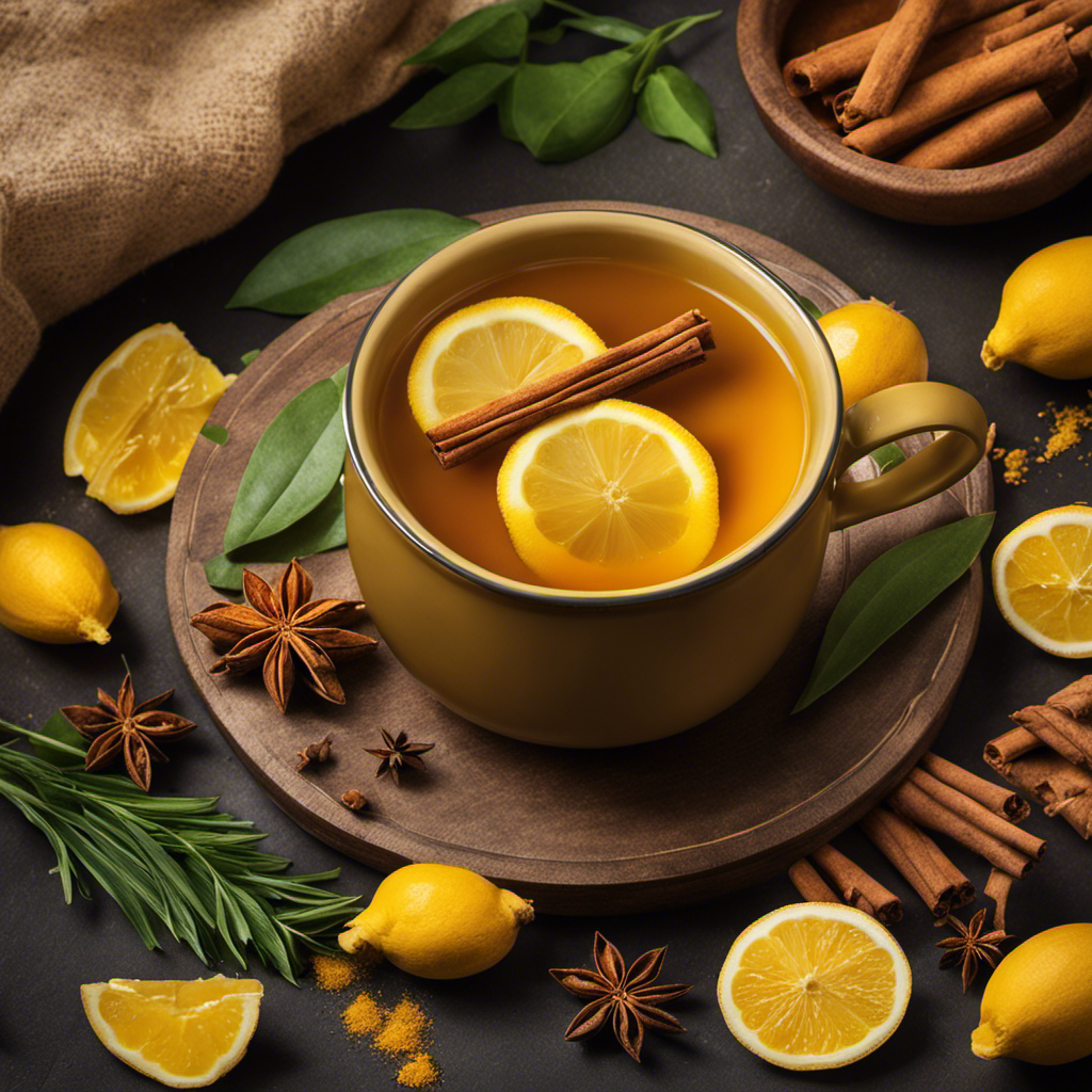 An image showcasing a steaming cup of vibrant golden turmeric tea, surrounded by fresh ingredients like ginger, lemon slices, and cinnamon sticks