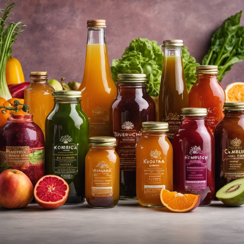 An image showcasing a diverse array of vibrant, organic fruits and vegetables meticulously arranged beside rows of beautifully labeled Kombucha bottles, highlighting the variety and quality of probiotic-rich options available for buyers