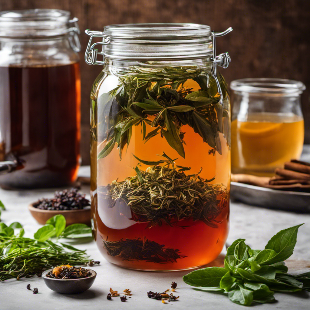 An image showcasing the step-by-step process of adding freshly brewed tea to a glass jar of fermenting kombucha
