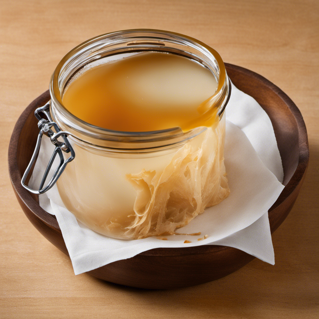 An image showcasing a hands-on process of peeling apart a healthy, thick, and creamy-colored SCOBY (Symbiotic Culture of Bacteria and Yeast) for Kombucha Tea, ready to be used for a new batch