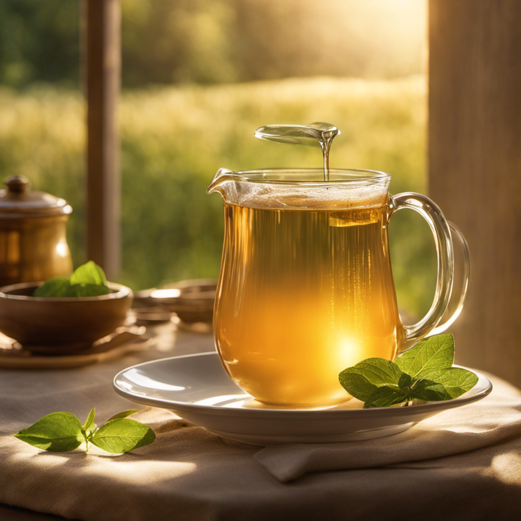 An image capturing the serene tranquility of a sunlit morning, with a steaming cup of Kombucha tea gently illuminated by the golden rays