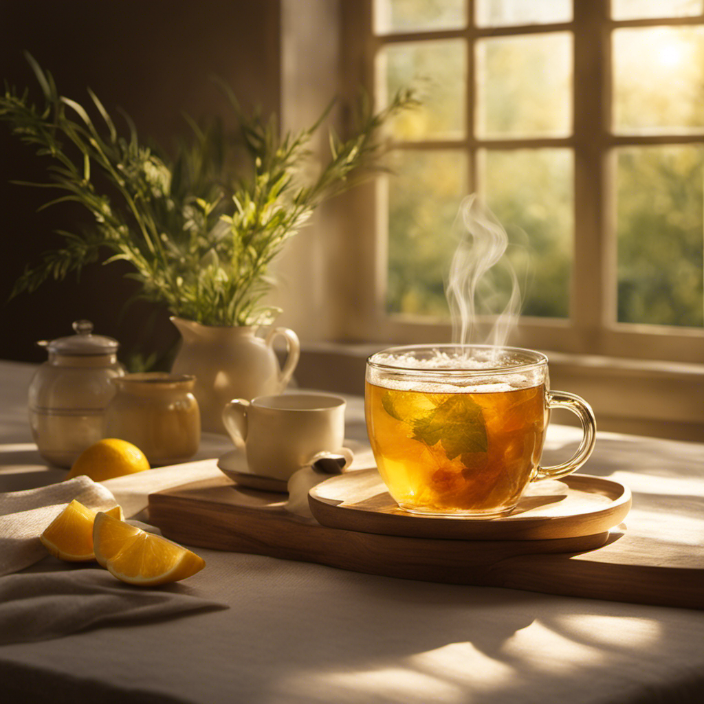 An image capturing the serene tranquility of a sunlit morning, with a steaming cup of Kombucha tea gently illuminated by the golden rays