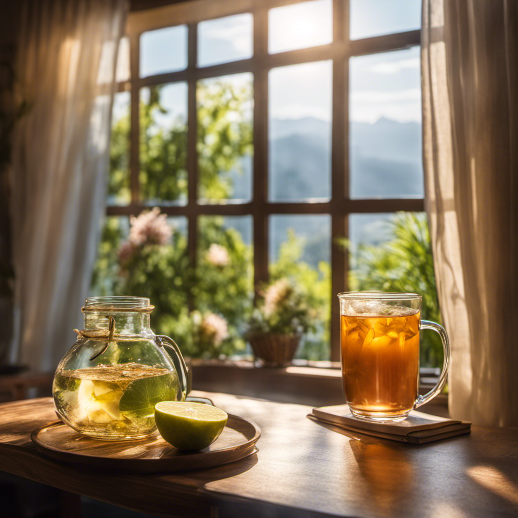 An image showcasing a serene morning scene with soft sunlight filtering through a window onto a table adorned with a glass of refreshing, effervescent kombucha tea, inviting readers to explore the optimal time to savor its benefits