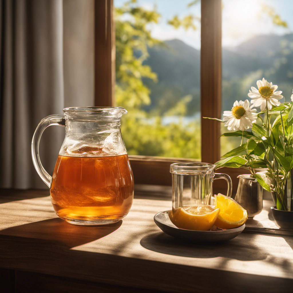 An image showcasing a serene morning scene with soft sunlight filtering through a window onto a table adorned with a glass of refreshing, effervescent kombucha tea, inviting readers to explore the optimal time to savor its benefits