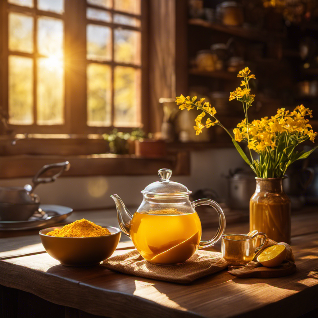 An image of a cozy, sunlit kitchen with a steaming cup of turmeric ginger tea placed on a wooden table