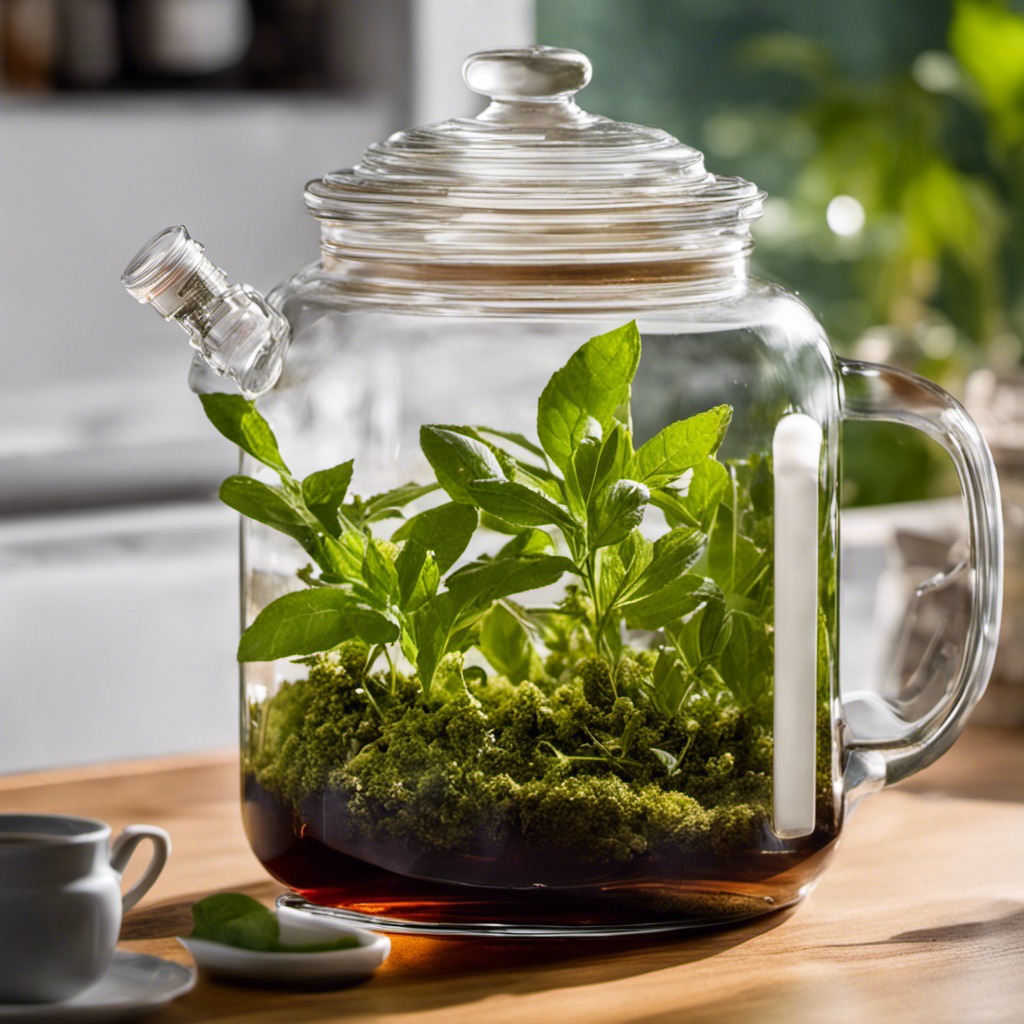 An image capturing a glass jar filled with starter tea, surrounded by a thermometer submerged in the liquid