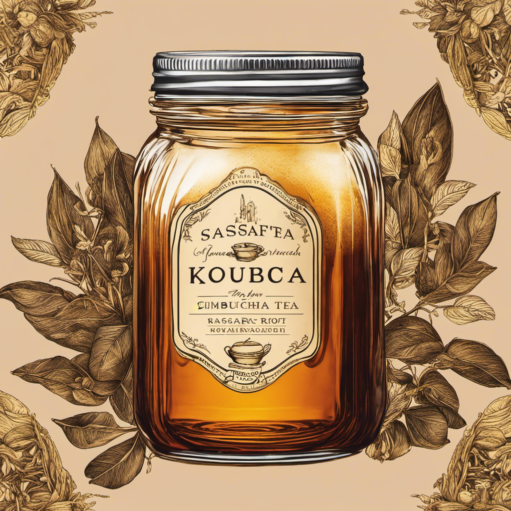 An image showcasing a glass jar filled with freshly brewed kombucha tea infused with sassafras root
