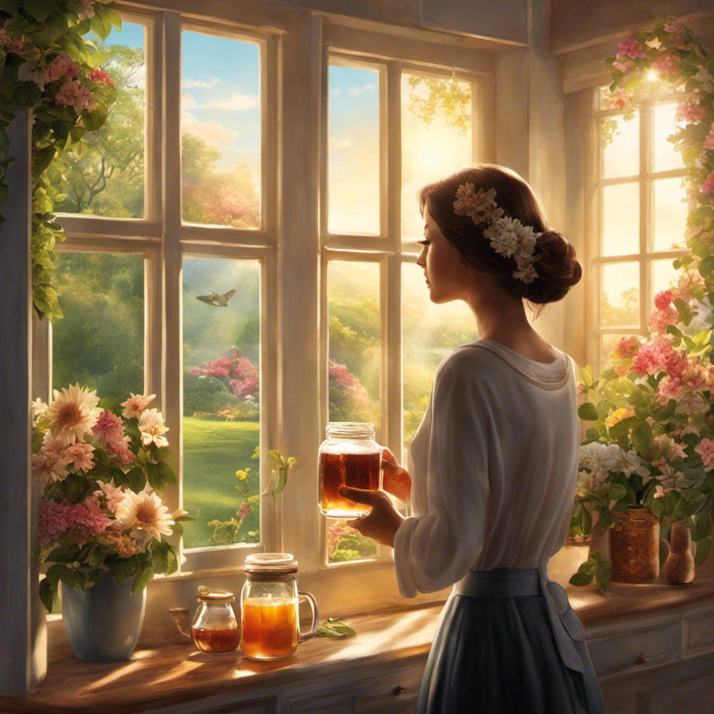 An image showcasing a serene morning scene with a person holding a glass of refreshing kombucha tea, surrounded by blooming flowers and sunlight streaming through a window