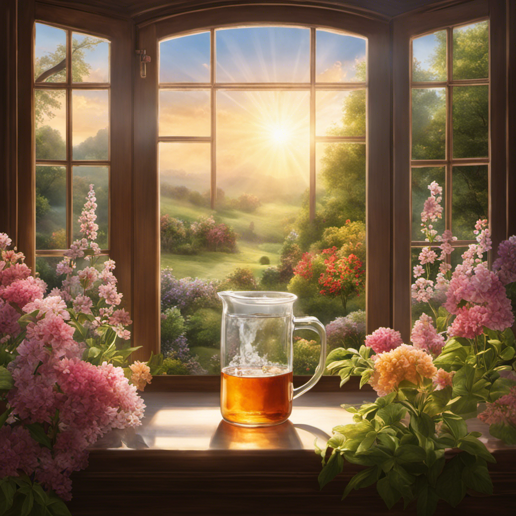 An image showcasing a serene morning scene with a person holding a glass of refreshing kombucha tea, surrounded by blooming flowers and sunlight streaming through a window