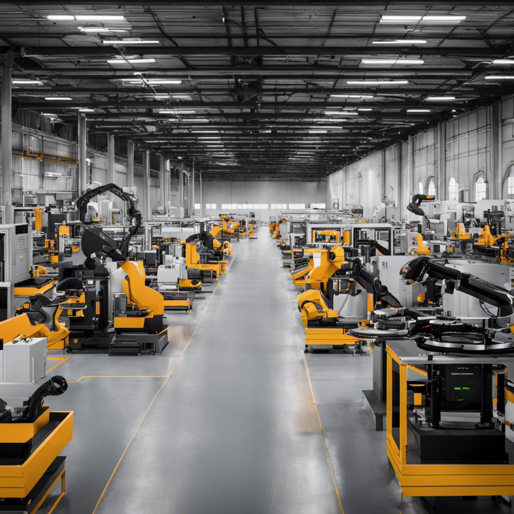An image showcasing a bustling factory floor with state-of-the-art machinery, skilled workers in safety gear, and a backdrop of Ecovacs logos