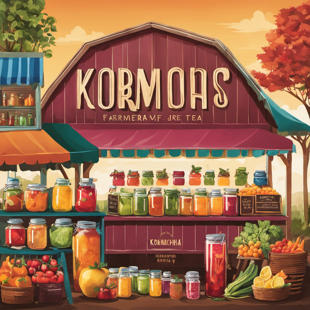 An image showcasing a vibrant farmers market scene, with a diverse array of stalls adorned with colorful jars filled with refreshing Kombucha Iced Tea