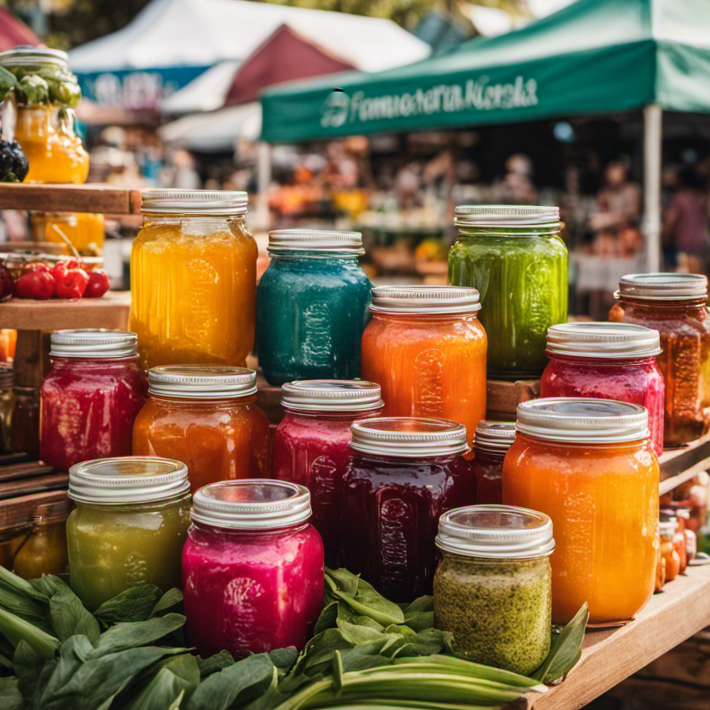 An image showcasing a vibrant Australian farmers market, with stalls overflowing with colorful jars of Kombucha tea, surrounded by locals eagerly sampling the fizzy, probiotic-rich elixir