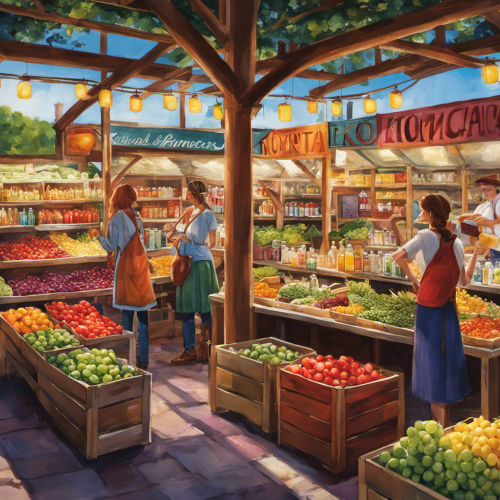 An image showcasing a vibrant, bustling farmers market with stalls brimming with colorful jars of homemade Kombucha tea