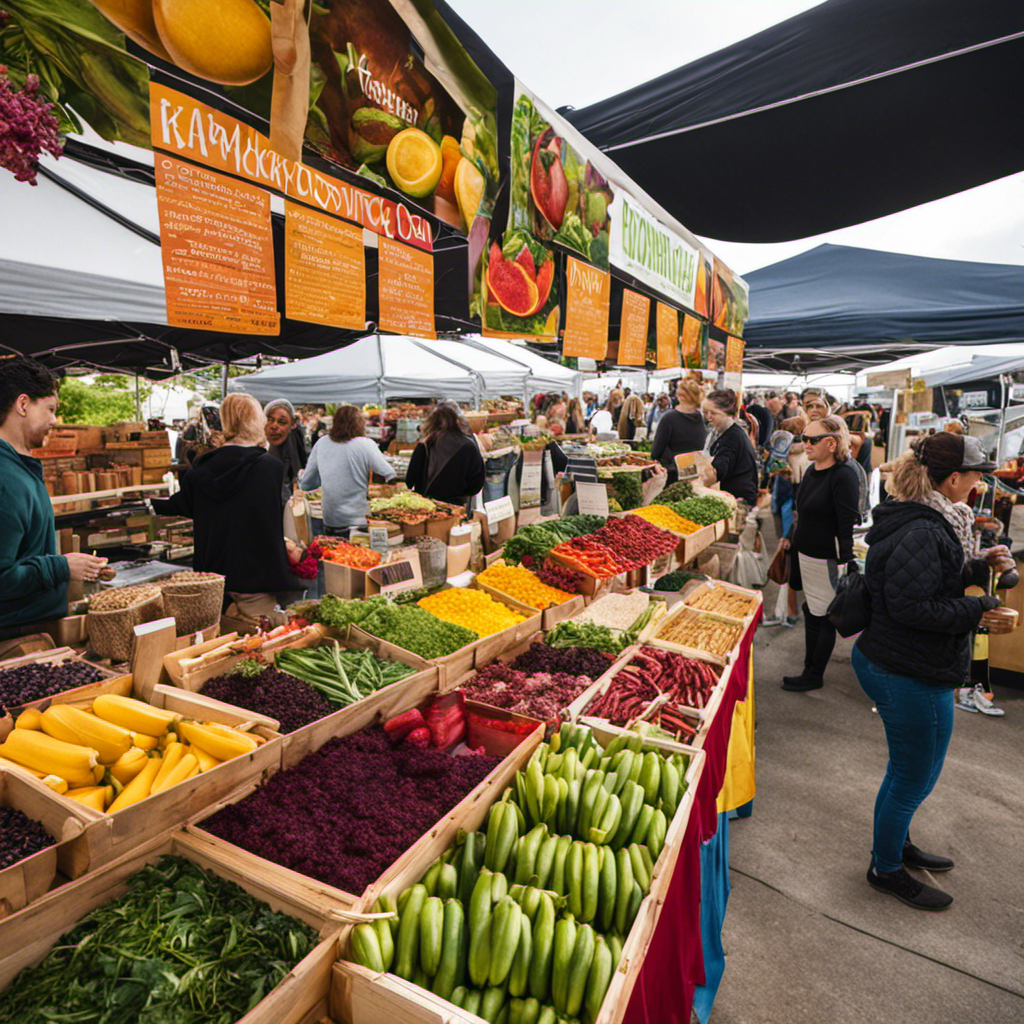 An image capturing a vibrant, bustling farmers market, with rows of colorful stalls adorned with handcrafted signs showcasing various flavors of Kombucha Tea