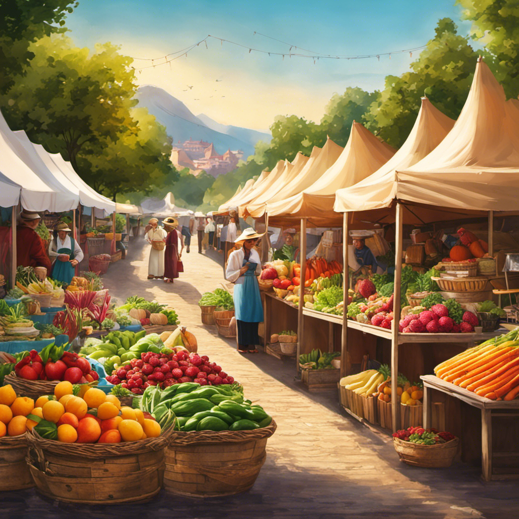 An image showcasing a picturesque organic farmers market, vibrant with colorful stalls bursting with fresh fruits, flowers, and exotic teas