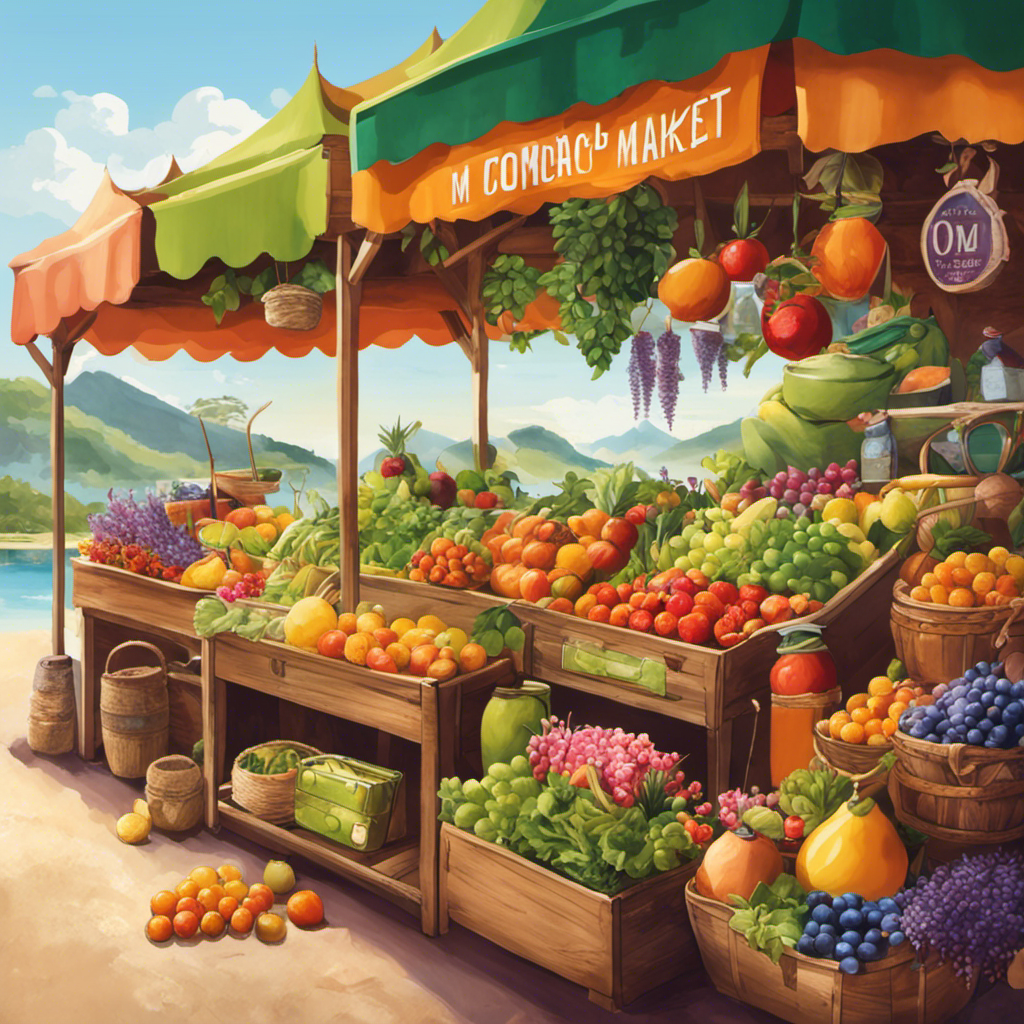 An image showcasing a picturesque organic farmers market, vibrant with colorful stalls bursting with fresh fruits, flowers, and exotic teas
