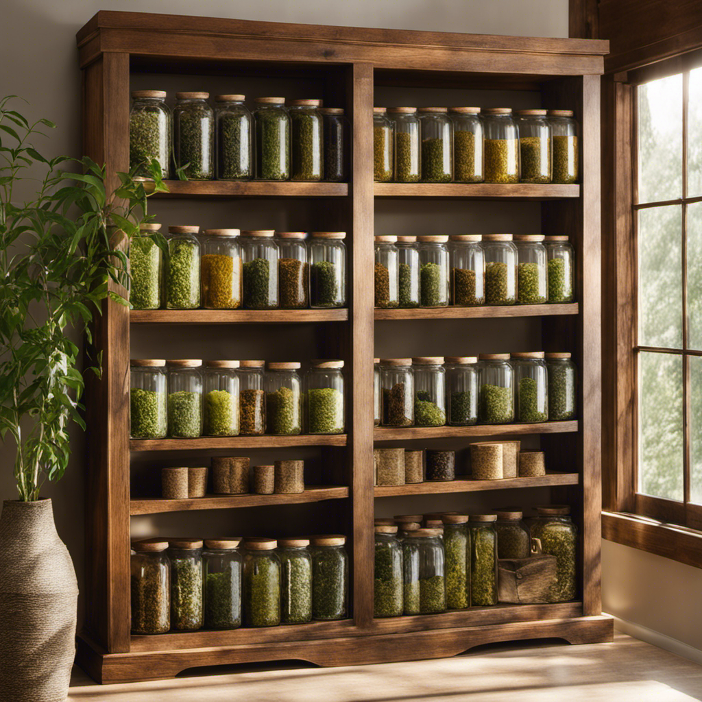 An image that showcases a rustic wooden shelf filled with an array of vibrant, aromatic loose yerba mate tea leaves, neatly displayed in glass jars