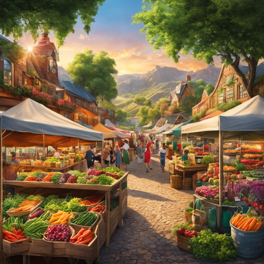 An image showcasing a vibrant farmers market, bustling with stalls adorned with colorful bottles of Kombucha tea