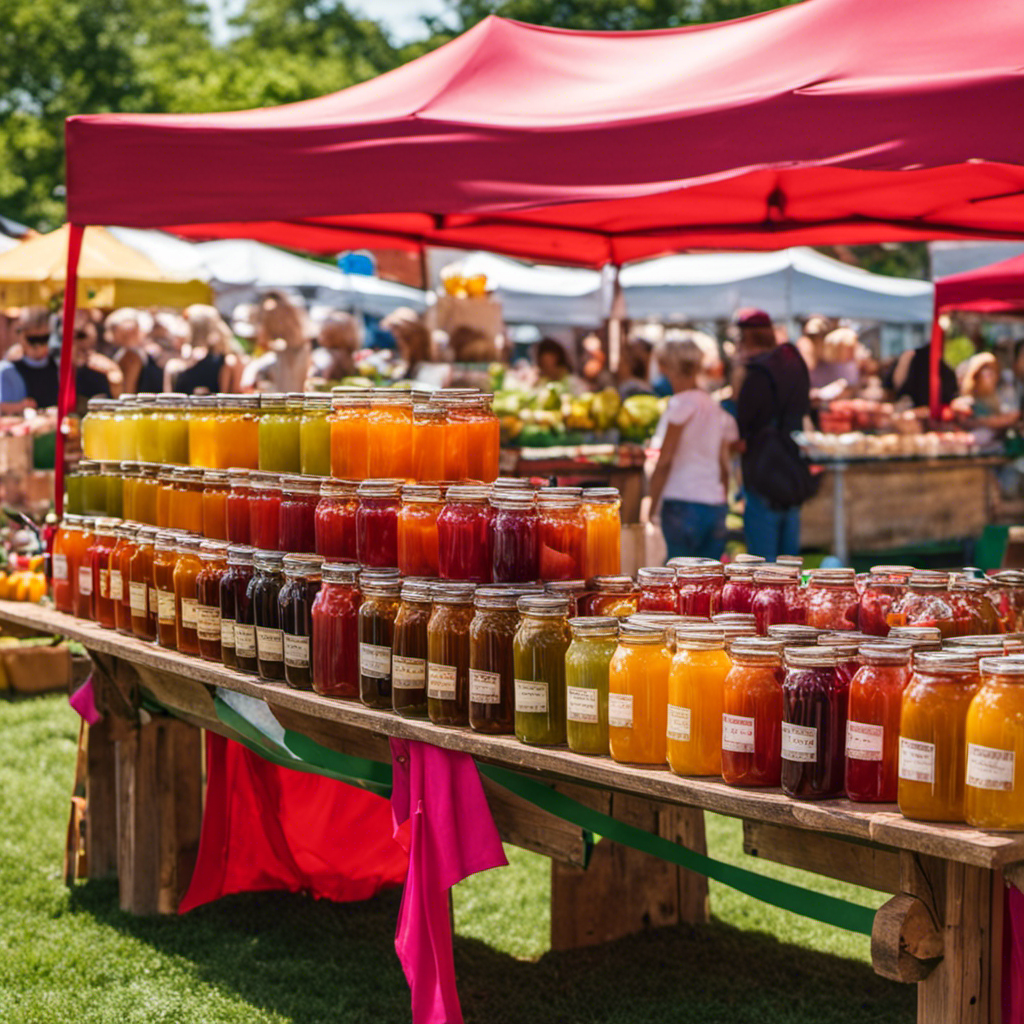 An image showcasing a vibrant farmers market with a diverse array of stalls, displaying an assortment of colorful glass jars filled with effervescent Kombucha tea, enticing visitors to indulge in its healthful and refreshing qualities