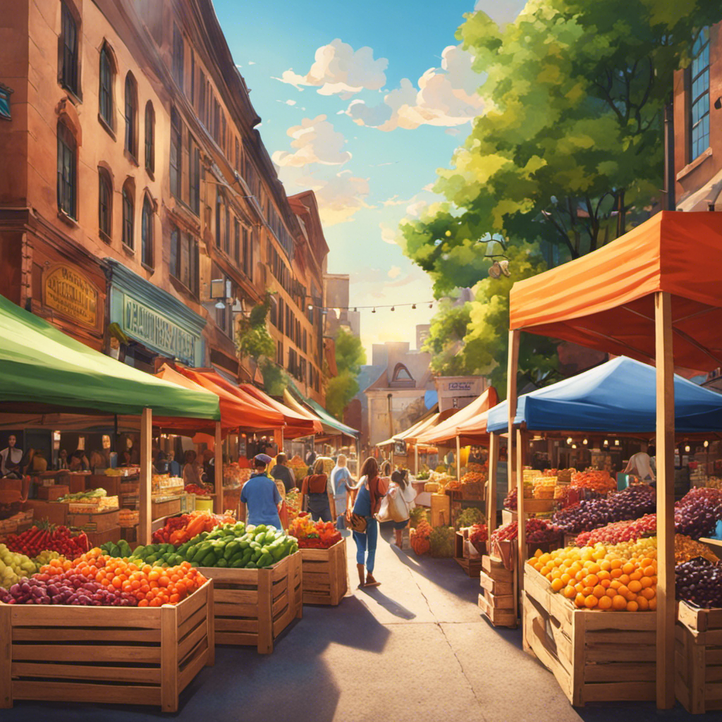 An image showcasing a vibrant farmers market, bustling with stalls selling a diverse range of Kombucha tea flavors