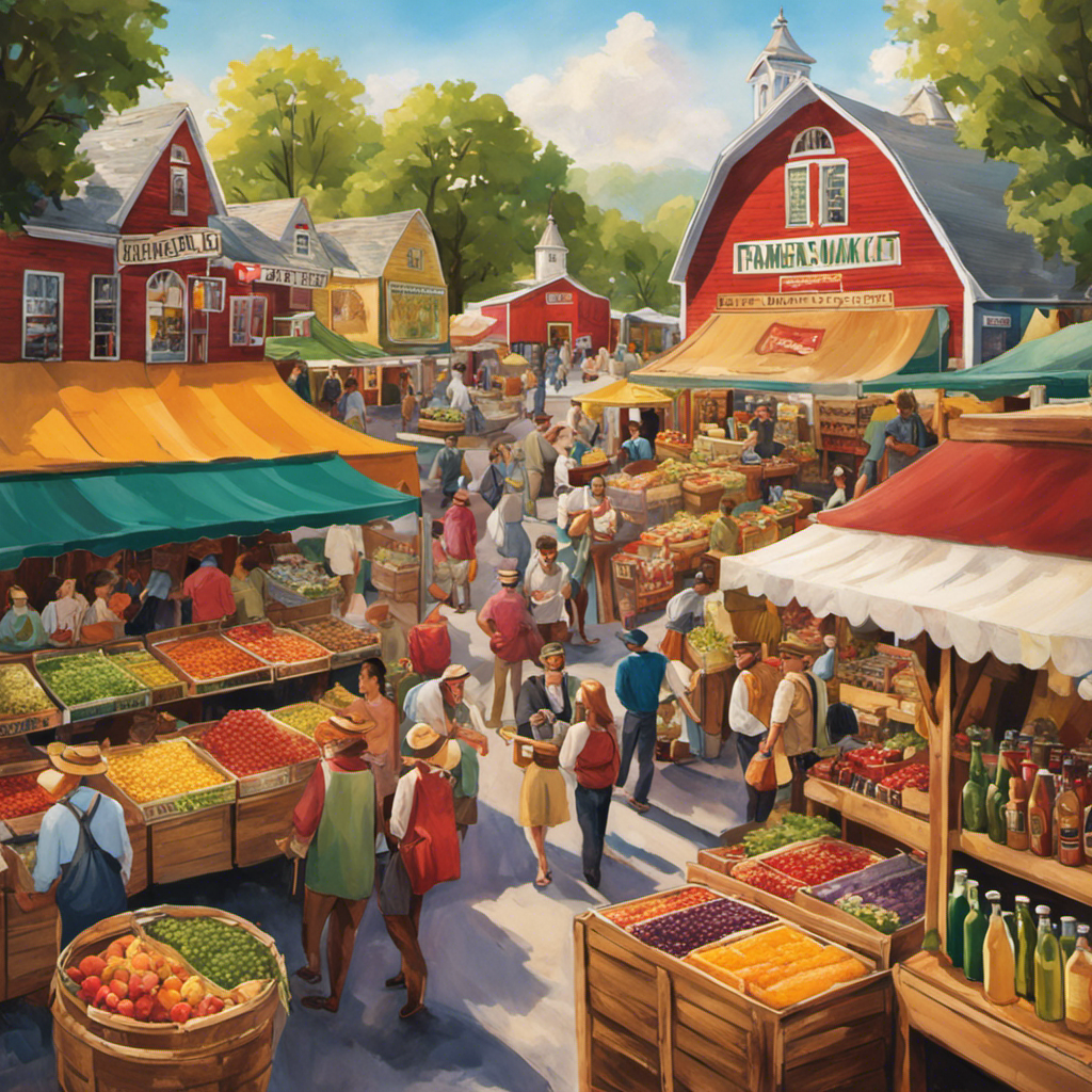 An image showcasing a vibrant farmers market scene, brimming with stalls adorned with colorful bottles of Kombucha tea