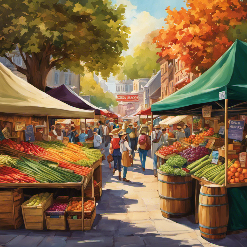 An image showcasing a vibrant farmers market scene, brimming with stalls adorned with colorful bottles of Kombucha tea