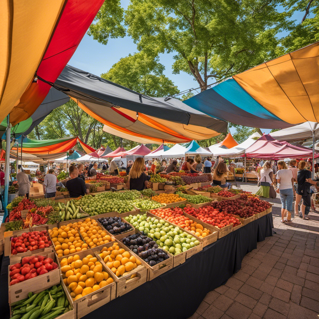 An image showcasing a vibrant and bustling farmers market, with rows of colorful tents offering an array of Kombucha tea flavors