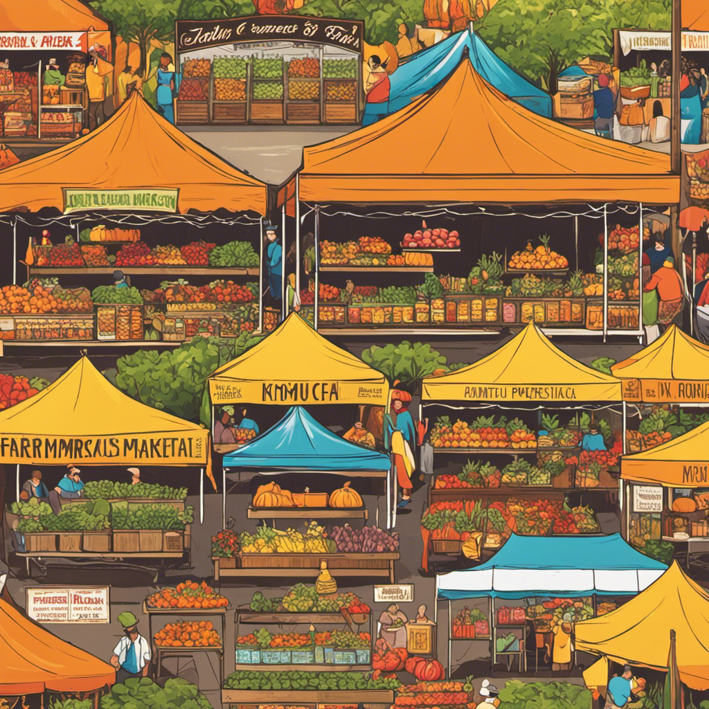 An image showcasing a vibrant and bustling farmers market, with rows of colorful tents offering an array of Kombucha tea flavors