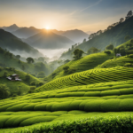An image that captures the lush green tea gardens nestled amidst mist-covered mountains, with tea leaves being carefully handpicked by skilled farmers, for GT's Kombucha