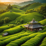 An image showcasing a rustic, sun-kissed tea garden nestled amidst rolling hills