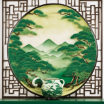An image showcasing the lush, emerald-green tea gardens of ancient China, with tea leaves gently swaying in the breeze