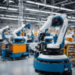 An image showcasing a bustling factory floor with state-of-the-art robotics, as workers in Ecovacs uniforms assemble cutting-edge cleaning robots