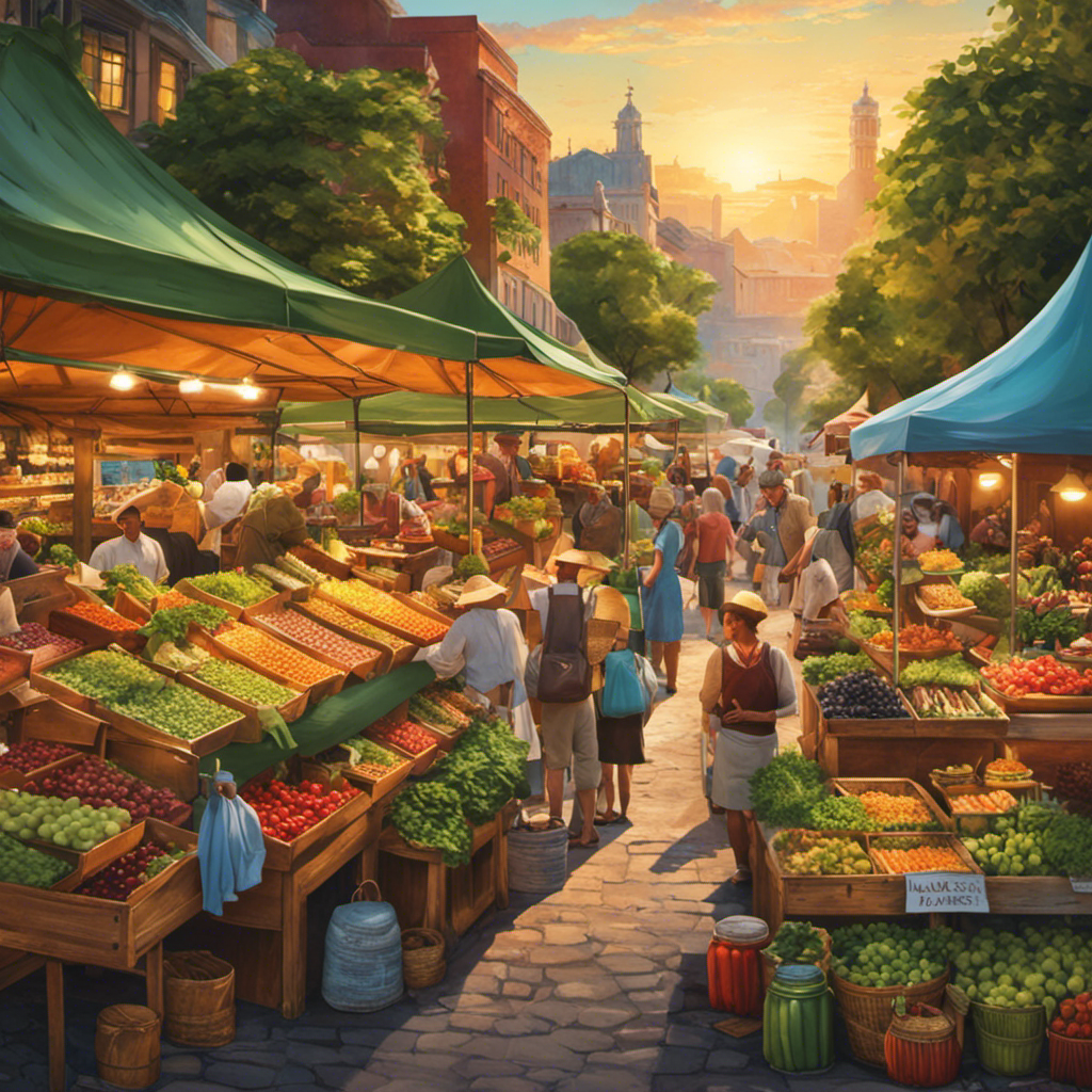 An image showcasing a vibrant farmers market scene, with a variety of stalls and vendors selling colorful bottles of kombucha tea