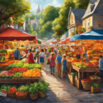 An image showcasing a vibrant farmers market scene, with a variety of stalls and vendors selling colorful bottles of kombucha tea