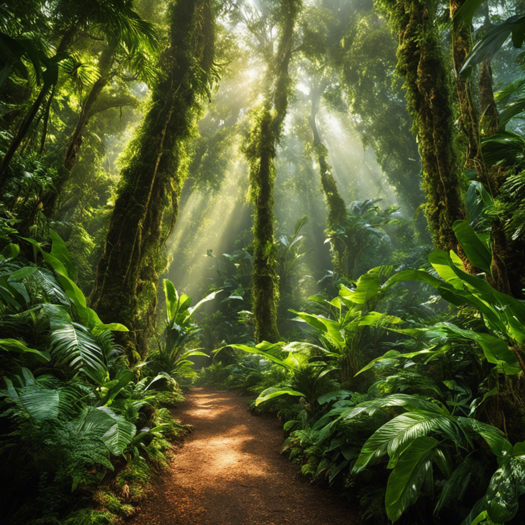 An image showcasing the lush rainforests of South America, with rays of sunlight filtering through dense foliage, revealing a vibrant landscape where the Yerba Mate plant thrives among towering trees and vibrant wildlife