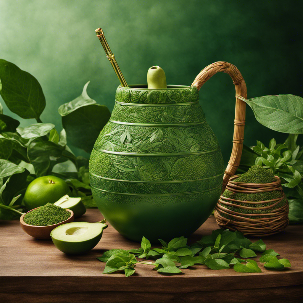 An image that captures the essence of 'Yerba Mate: a vibrant, green-hued beverage gourd surrounded by lush, leafy yerba mate plants, with a traditional bombilla straw poised to sip the invigorating drink