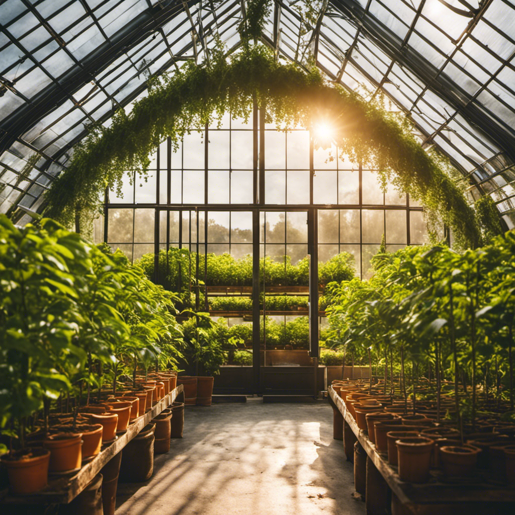 An image featuring a vibrant, sunlit greenhouse with rows of healthy, leafy tea plants