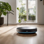An image showcasing a modern living room with a sleek Ecovacs Deebot N79 robot vacuum effortlessly gliding across the floor