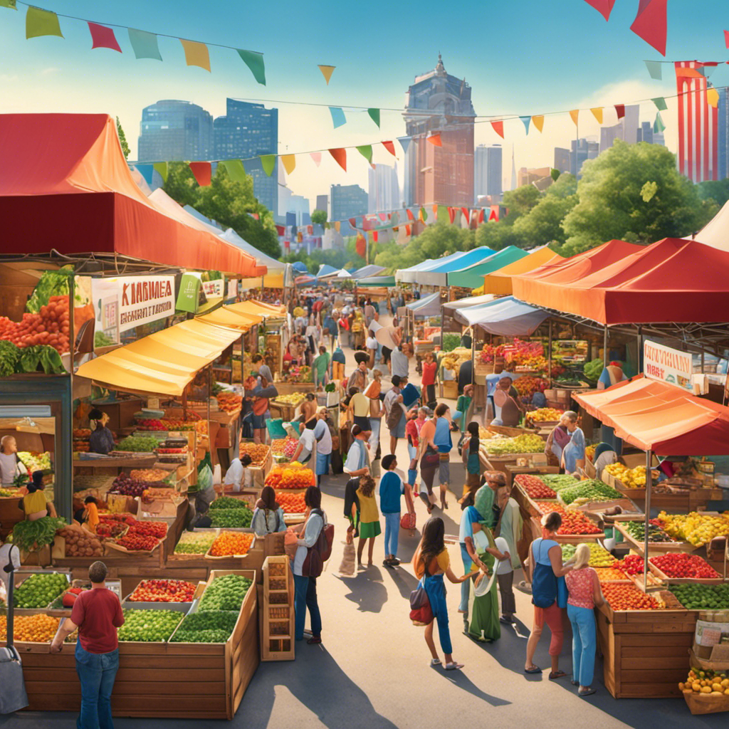 An image showcasing a vibrant, bustling farmer's market with a wide array of colorful stalls, featuring a prominently displayed booth selling GT Kombucha Tea bottles, surrounded by eager customers sampling and purchasing the refreshing drink