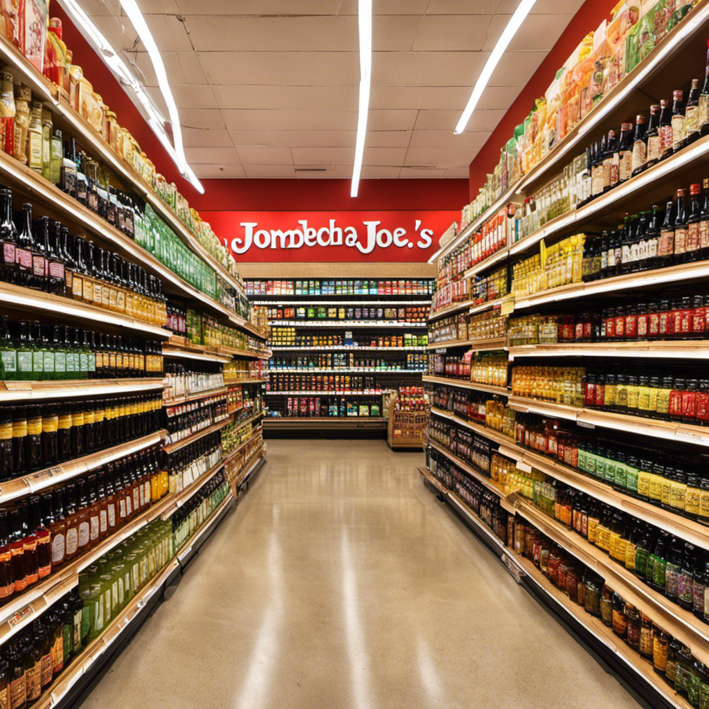 An image showcasing a vibrant Trader Joe's aisle with neatly arranged shelves, displaying a vast selection of Kombucha tea bottles in various flavors and sizes