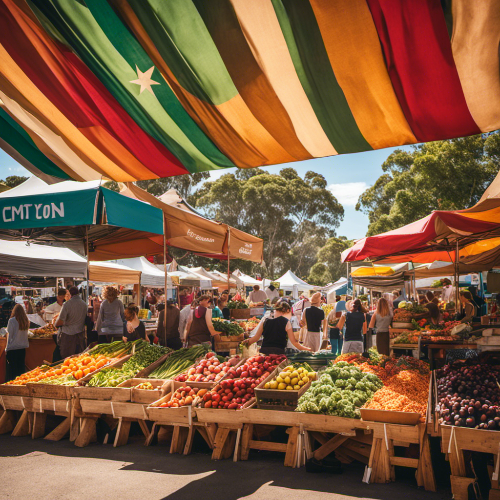 An image showcasing a vibrant farmers market in Australia, with rows of colorful stalls offering an array of Kombucha tea options