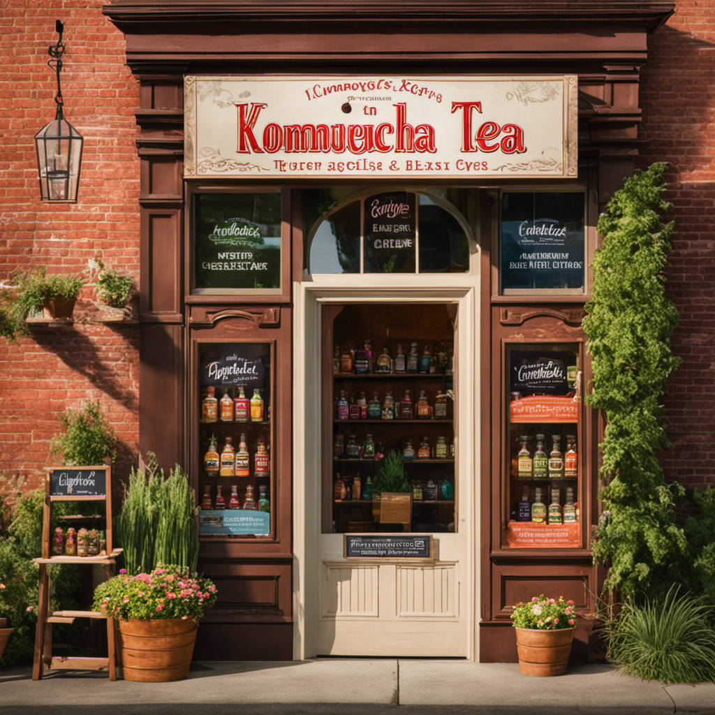 An image showcasing a quaint storefront in Campbellsville, KY, adorned with vibrant signage displaying "Kombucha Tea