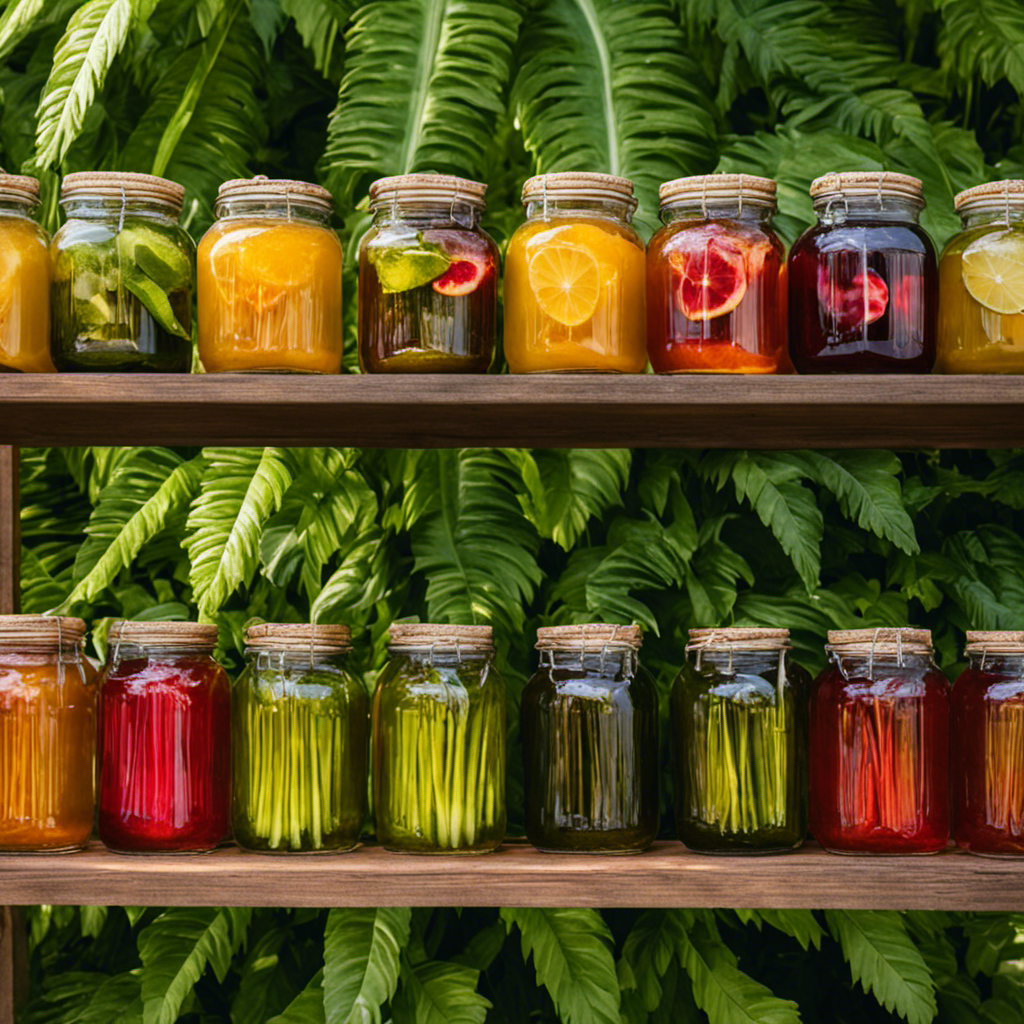 An image that showcases rows of neatly stacked glass jars filled with vibrant, effervescent Kombucha tea