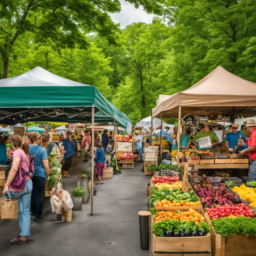 An image showcasing a vibrant farmers market in Jamestown, NY, bustling with booths adorned with colorful bottles of Kombucha tea