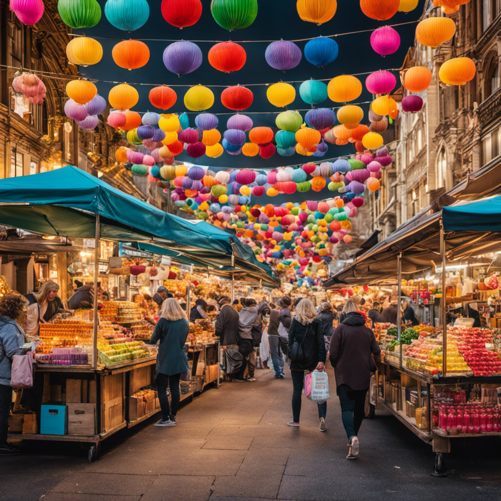 An image showcasing a vibrant and bustling Melbourne street market, with colorful stalls adorned with bottles of fizzy, fermented Kombucha tea