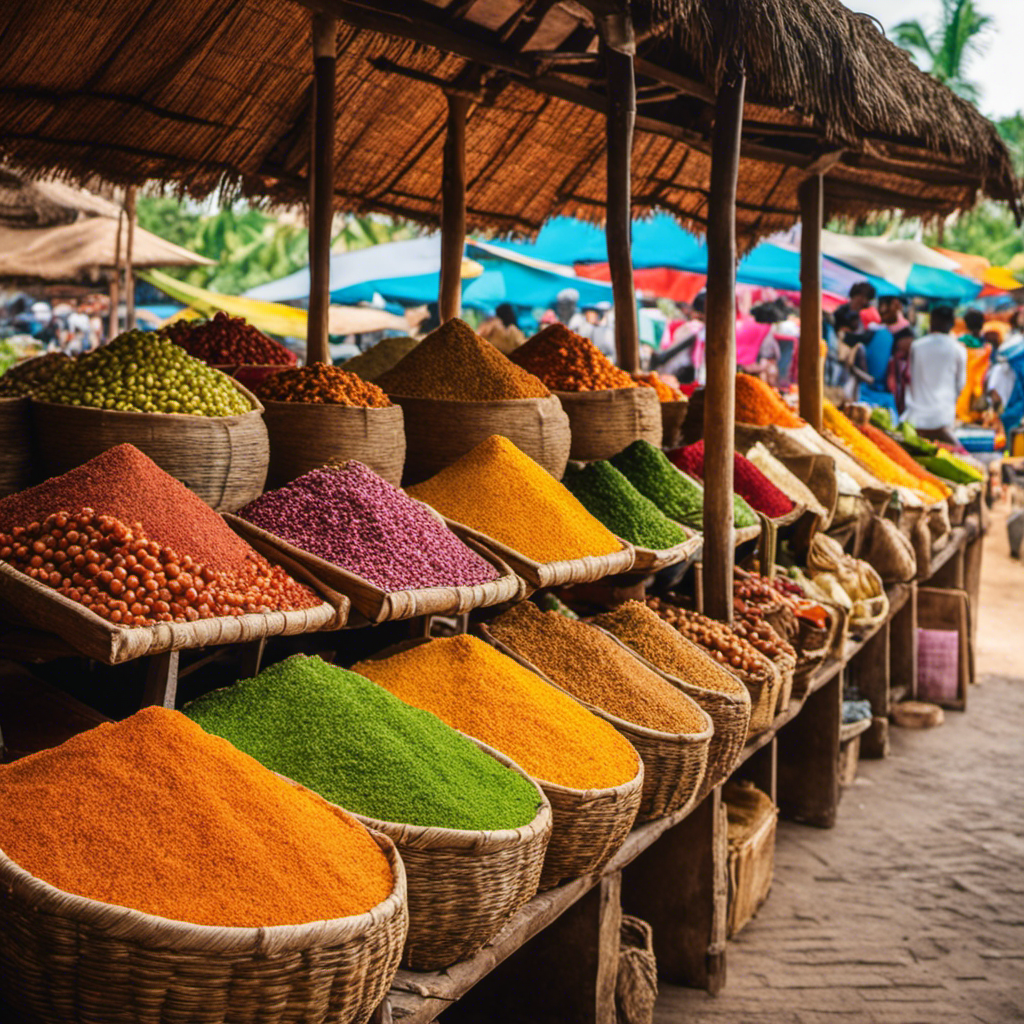 An image showcasing a vibrant Sri Lankan marketplace, bustling with colorful stalls adorned with rows of tantalizing Kombucha tea bottles